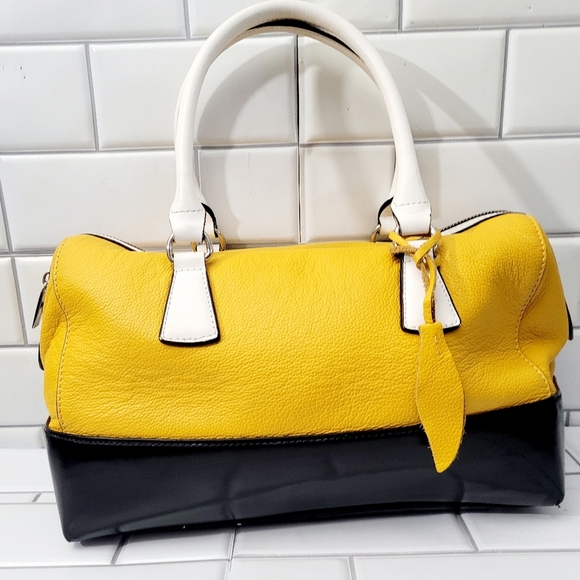 Charles Jourdan Dara Ladies Colorblocked Leather Satchel Bag Color(S) Yellow Whi - Picture 1 of 7